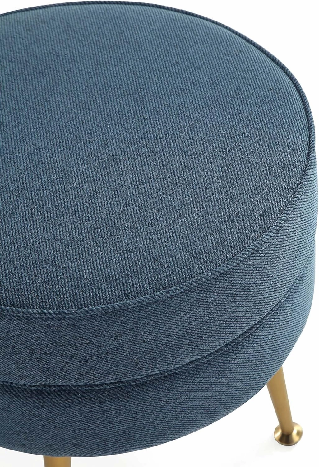 Manhattan Comfort Bailey Mid-Century Modern Round Ottoman - Durable Woven Polyester Blend Upholstery, Stylish Gold Stainless Steel Legs - Easy Assembly, Perfect for Living Room, Blue with Gold Feet
