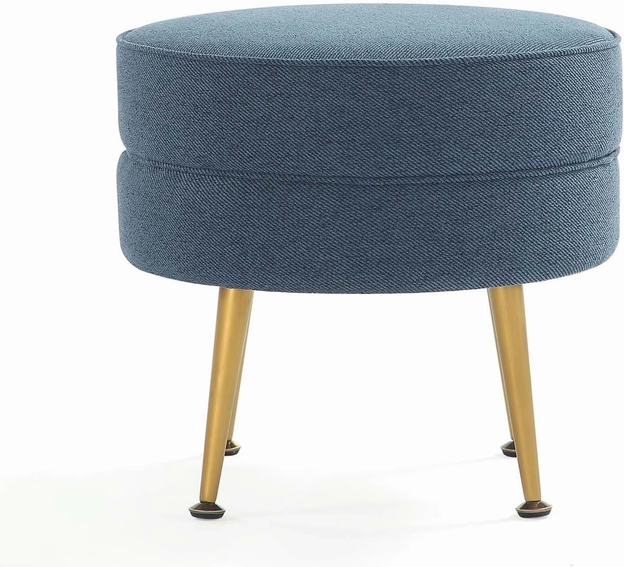 Manhattan Comfort Bailey Mid-Century Modern Round Ottoman - Durable Woven Polyester Blend Upholstery, Stylish Gold Stainless Steel Legs - Easy Assembly, Perfect for Living Room, Blue with Gold Feet