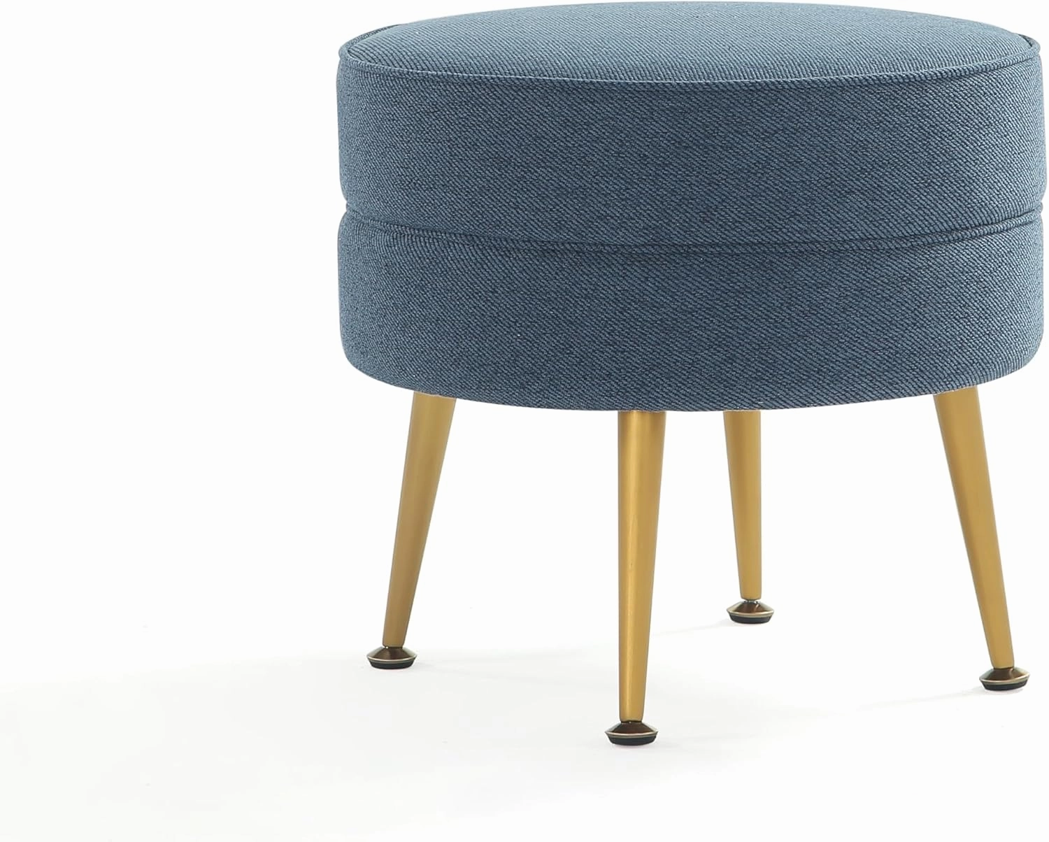 Manhattan Comfort Bailey Mid-Century Modern Round Ottoman - Durable Woven Polyester Blend Upholstery, Stylish Gold Stainless Steel Legs - Easy Assembly, Perfect for Living Room, Blue with Gold Feet