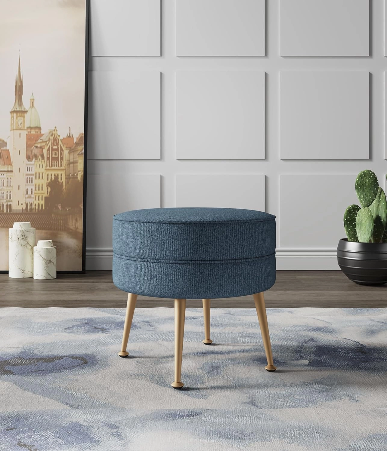 Manhattan Comfort Bailey Mid-Century Modern Round Ottoman - Durable Woven Polyester Blend Upholstery, Stylish Gold Stainless Steel Legs - Easy Assembly, Perfect for Living Room, Blue with Gold Feet