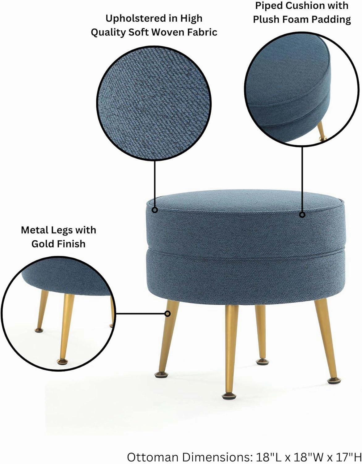 Manhattan Comfort Bailey Mid-Century Modern Round Ottoman - Durable Woven Polyester Blend Upholstery, Stylish Gold Stainless Steel Legs - Easy Assembly, Perfect for Living Room, Blue with Gold Feet