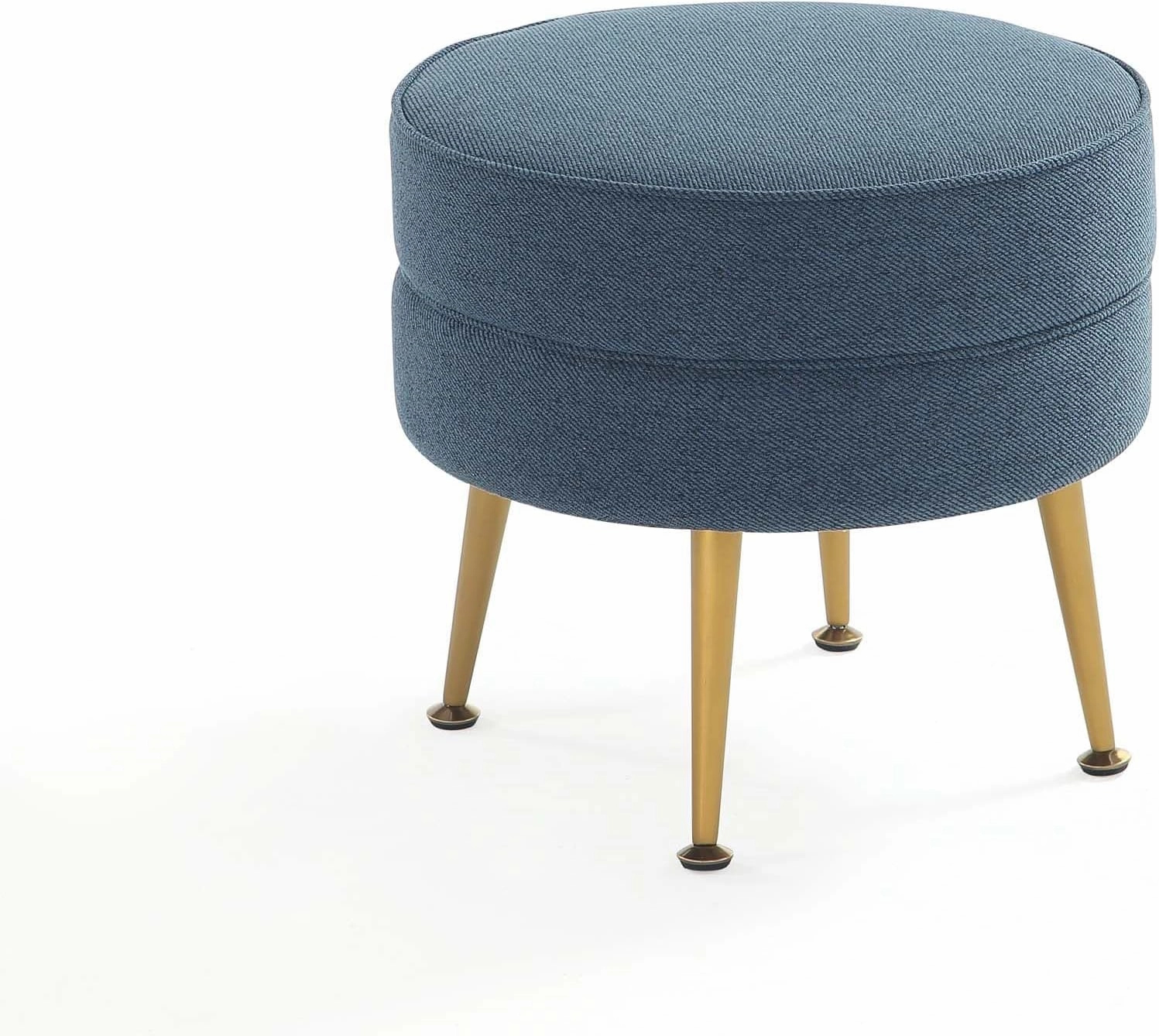 Manhattan Comfort Bailey Mid-Century Modern Round Ottoman - Durable Woven Polyester Blend Upholstery, Stylish Gold Stainless Steel Legs - Easy Assembly, Perfect for Living Room, Blue with Gold Feet