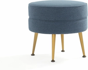 Manhattan Comfort Bailey Mid-Century Modern Round Ottoman - Durable Woven Polyester Blend Upholstery, Stylish Gold Stainless Steel Legs - Easy Assembly, Perfect for Living Room, Blue with Gold Feet