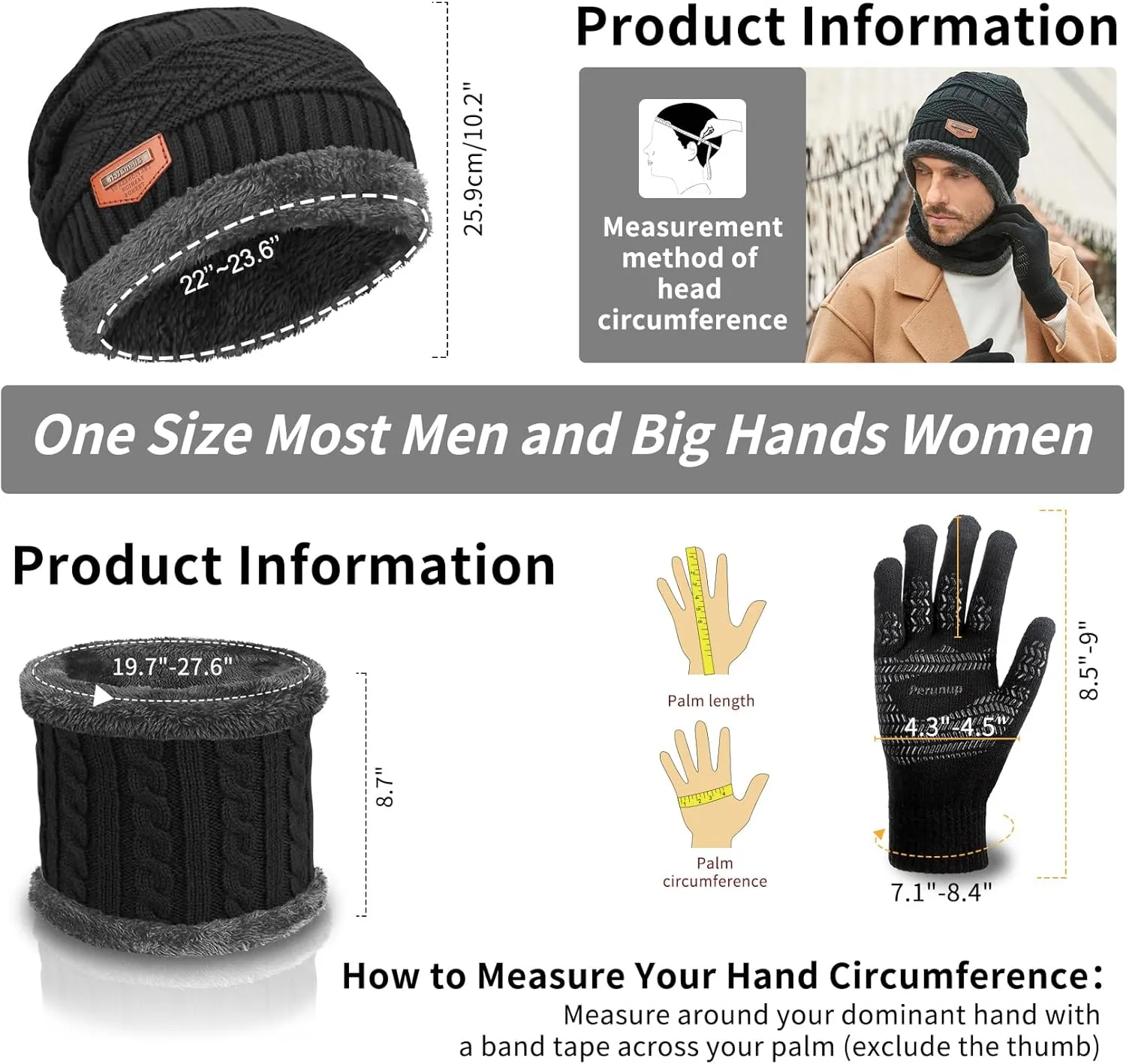 MAYLISACC Winter Knit Beanie Hat Neck Warmer Scarf and Touch Screen Gloves Set 3 Pcs Fleece Lined Skull Cap for Men Women