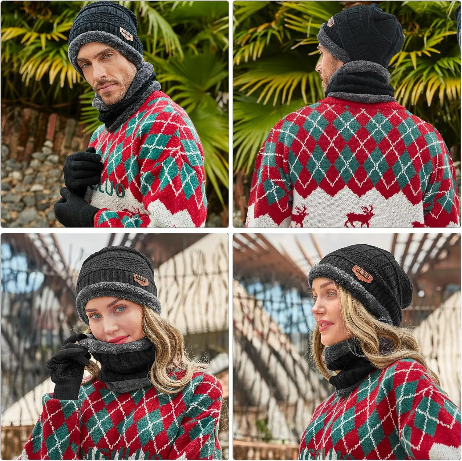 MAYLISACC Winter Knit Beanie Hat Neck Warmer Scarf and Touch Screen Gloves Set 3 Pcs Fleece Lined Skull Cap for Men Women
