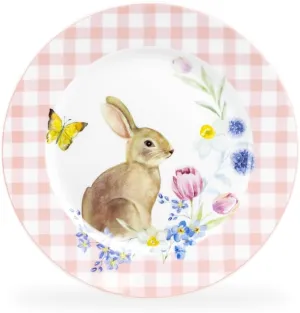 Meadow Bunny Gingham Fine Porcelain 8-inch Dessert Salad Plate, One Plate (Pink)