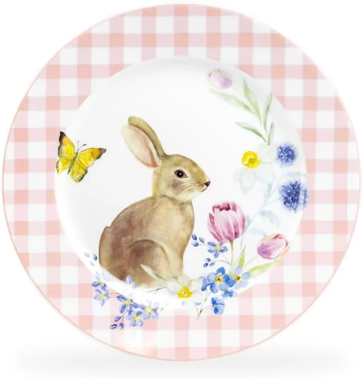 Meadow Bunny Gingham Fine Porcelain 8-inch Dessert Salad Plate, One Plate (Pink)