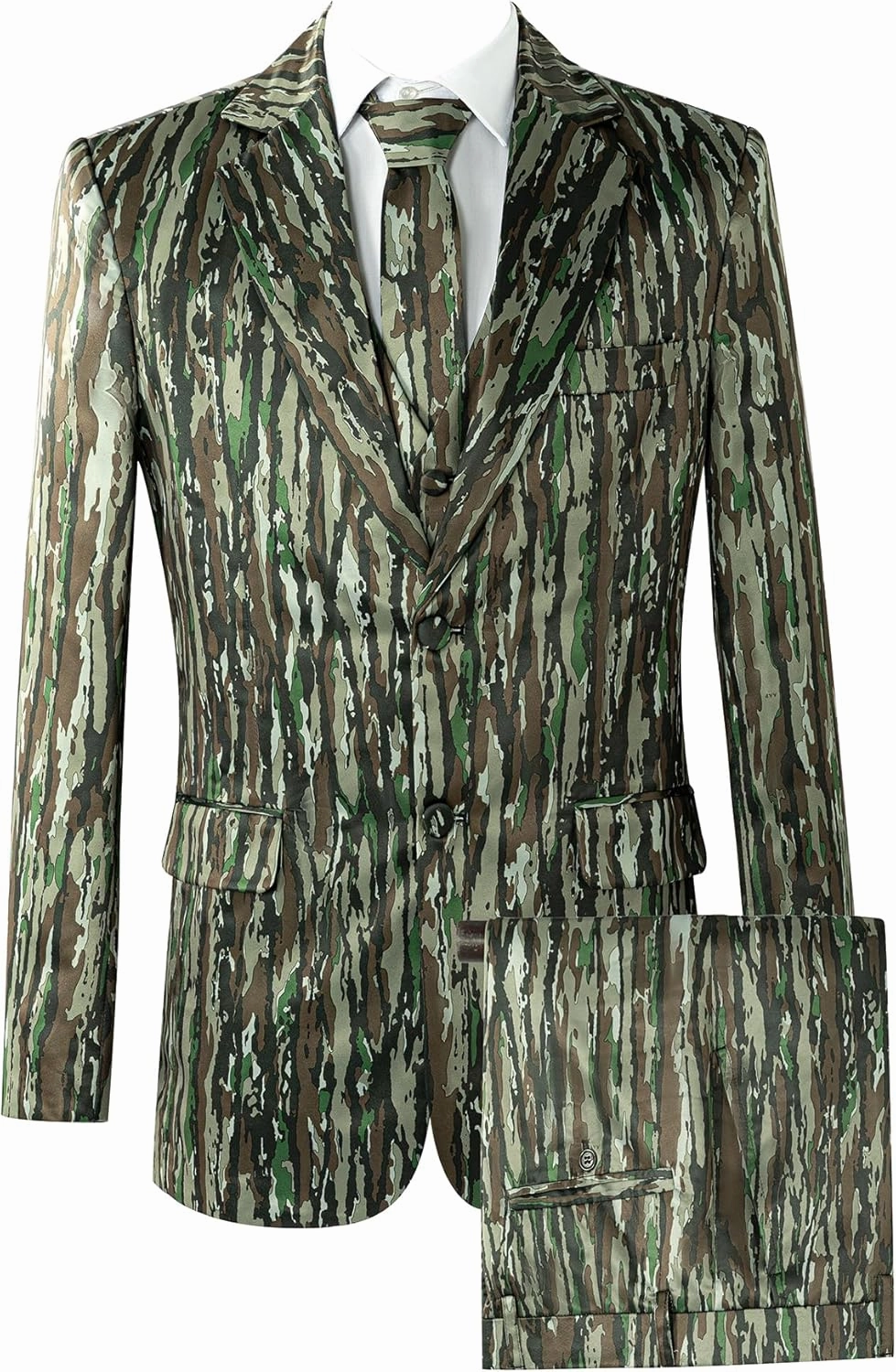 Men Green Camouflaged Suit Set 2 Piece, Classic Fit Two Button Jacket Pants Set with Tie for Business Prom