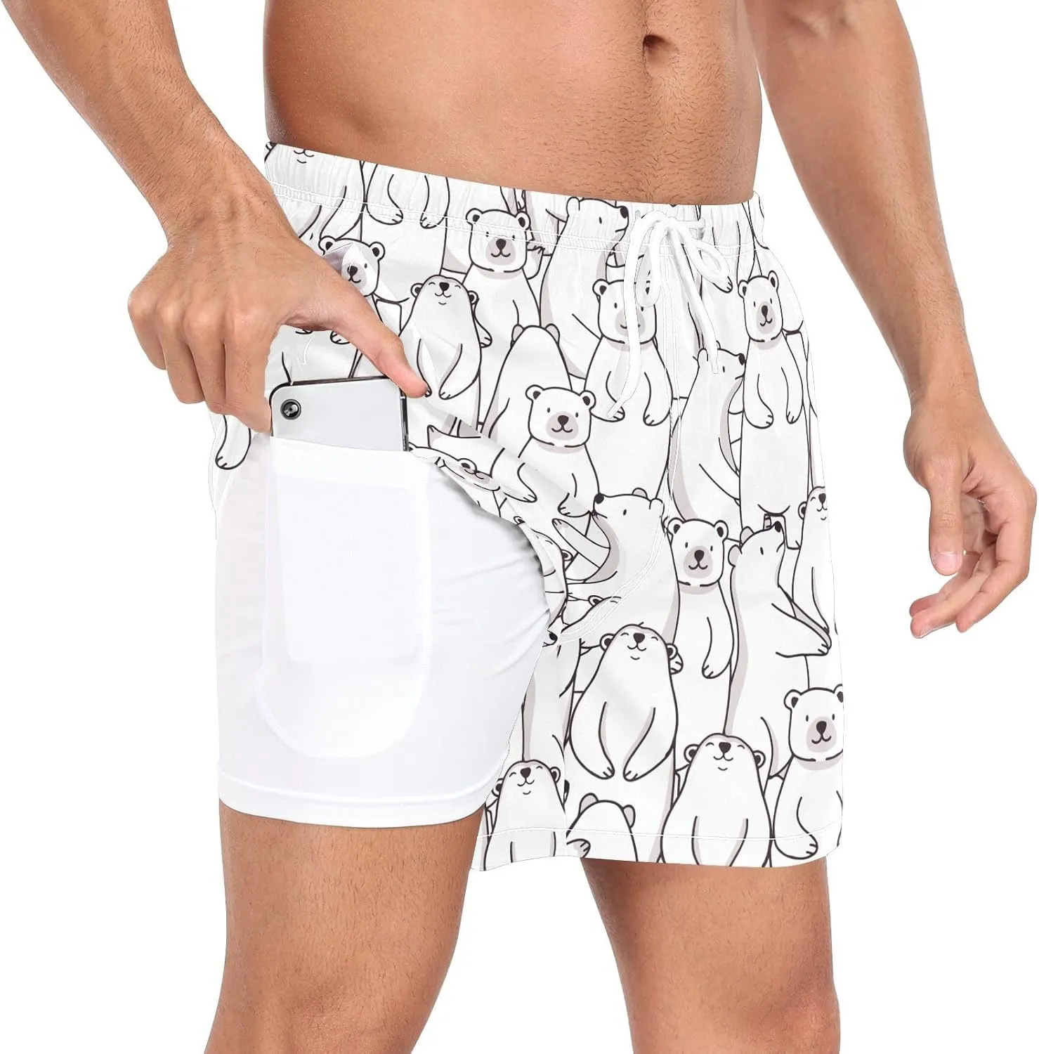Men's Athletic Shorts Cute White Polar Bear Animals 2 in 1 Quick Dry Workout Gym Running Shorts for Men S-XXL