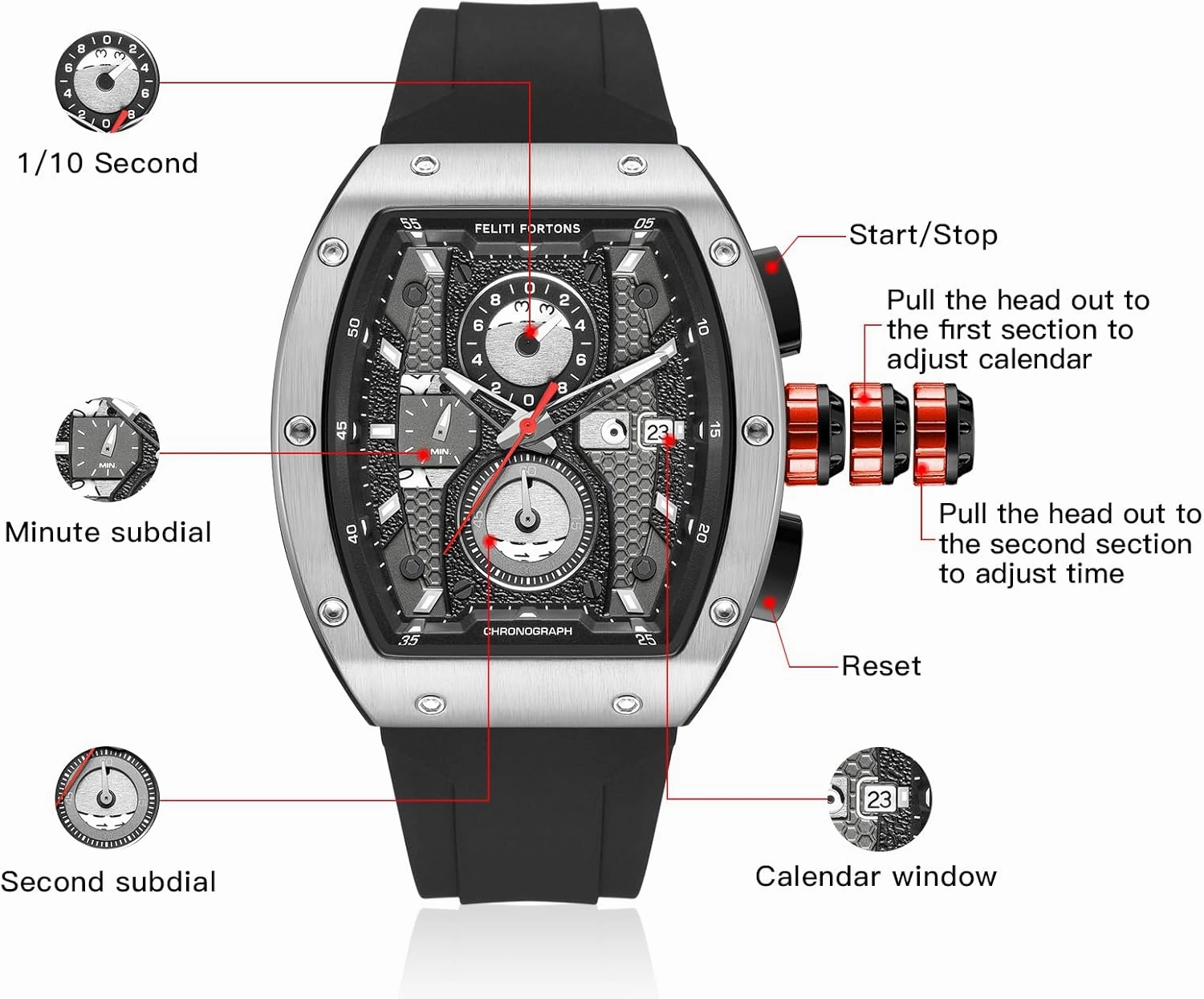 Mens Watches Sport Tonneau 3ATM Waterproof Chronograph Luminous Quartz Watches of Men Silicone Strap with Gift for Men
