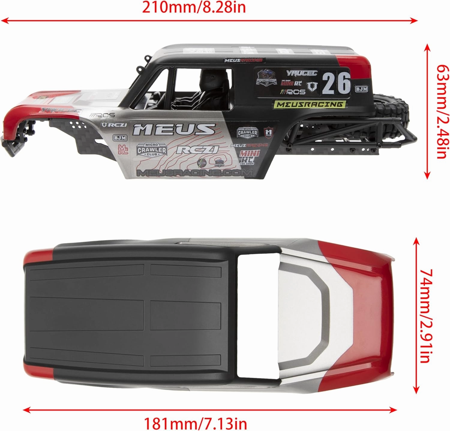 MEUS RACING MB24 SCX24 Body 5.2in 132MM Body Shell ABS Nylon Carbon Fiber Chassis for 1/24 Axial SCX24 Bronco JLU B-17 C10(Red)