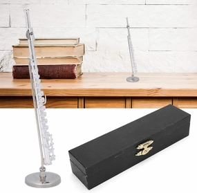 Miniature Flute, Mini Musical Instrument Model Copper Miniature Flute with Stand and Case Miniature Replica Dollhouse Model Mini Flute Home Ornament