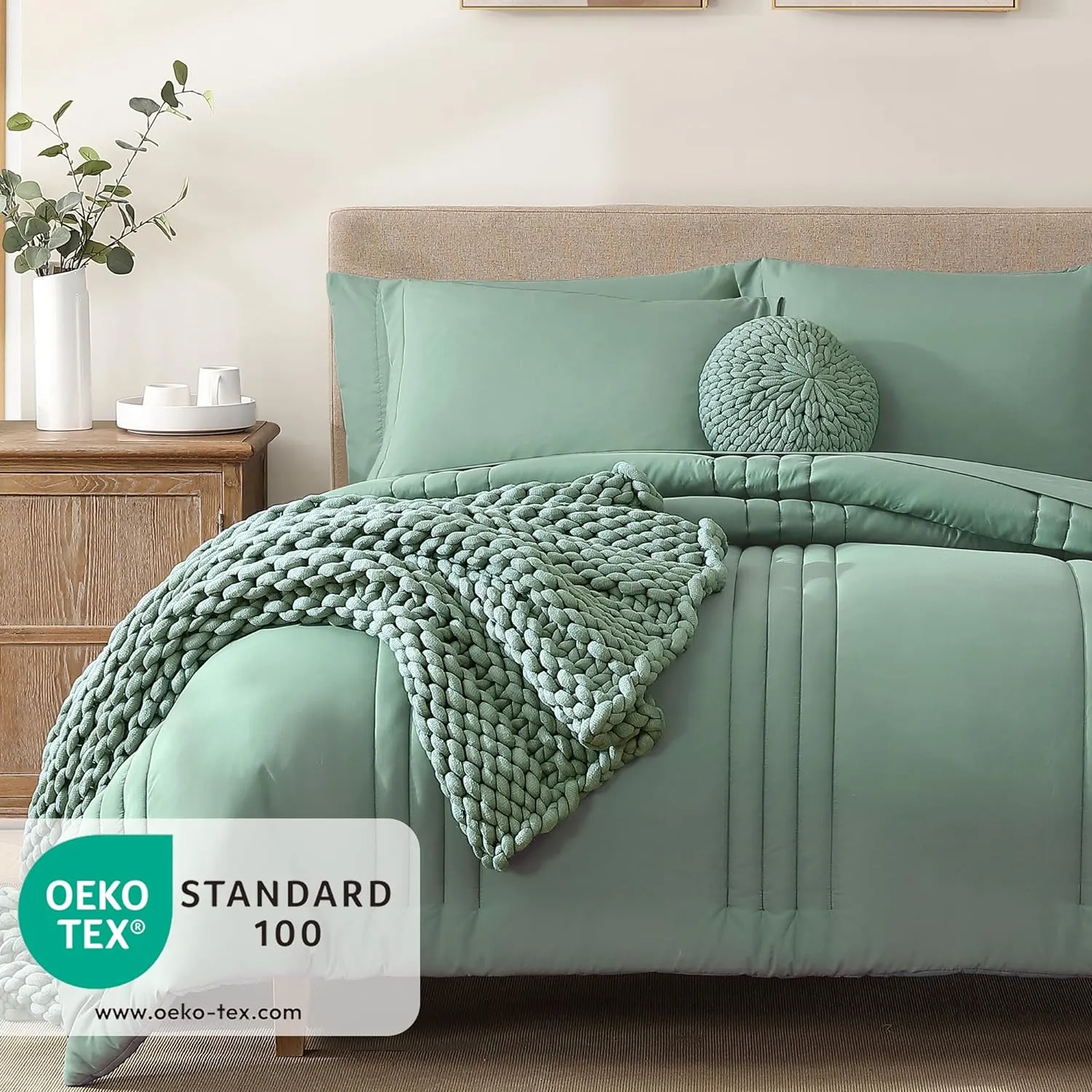 Monbix Queen Comforter Set - 7 Pieces Harbor Green Bed in a Bag Queen Bedding Sets with Comforters, All Seasons Down Alternative Comforter Bed Set with Sheets, Pillowcases & Shams
