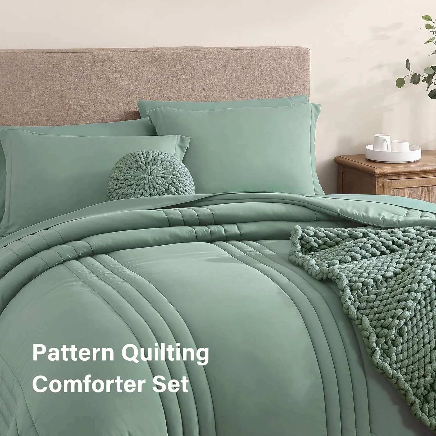 Monbix Queen Comforter Set - 7 Pieces Harbor Green Bed in a Bag Queen Bedding Sets with Comforters, All Seasons Down Alternative Comforter Bed Set with Sheets, Pillowcases & Shams