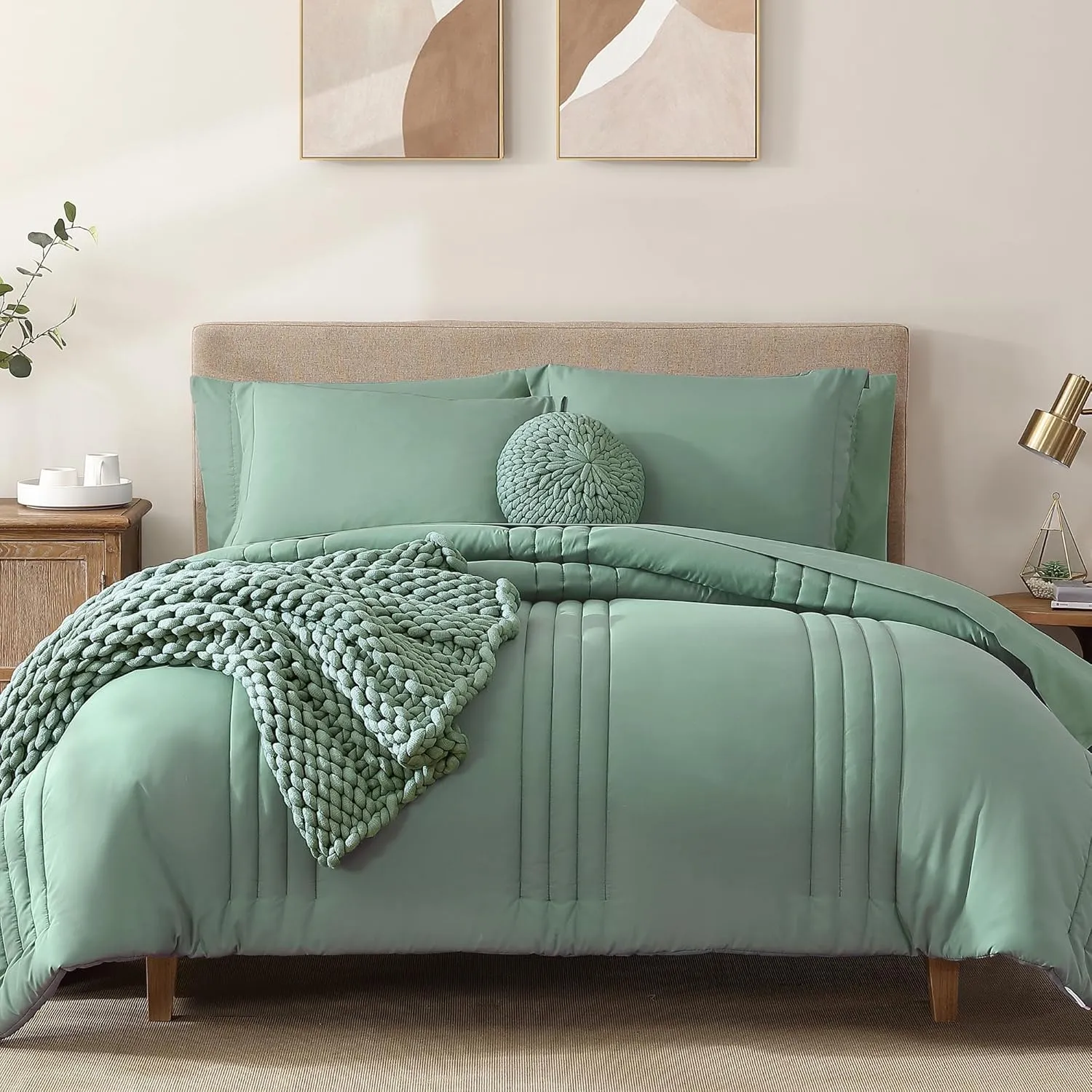 Monbix Queen Comforter Set - 7 Pieces Harbor Green Bed in a Bag Queen Bedding Sets with Comforters, All Seasons Down Alternative Comforter Bed Set with Sheets, Pillowcases & Shams