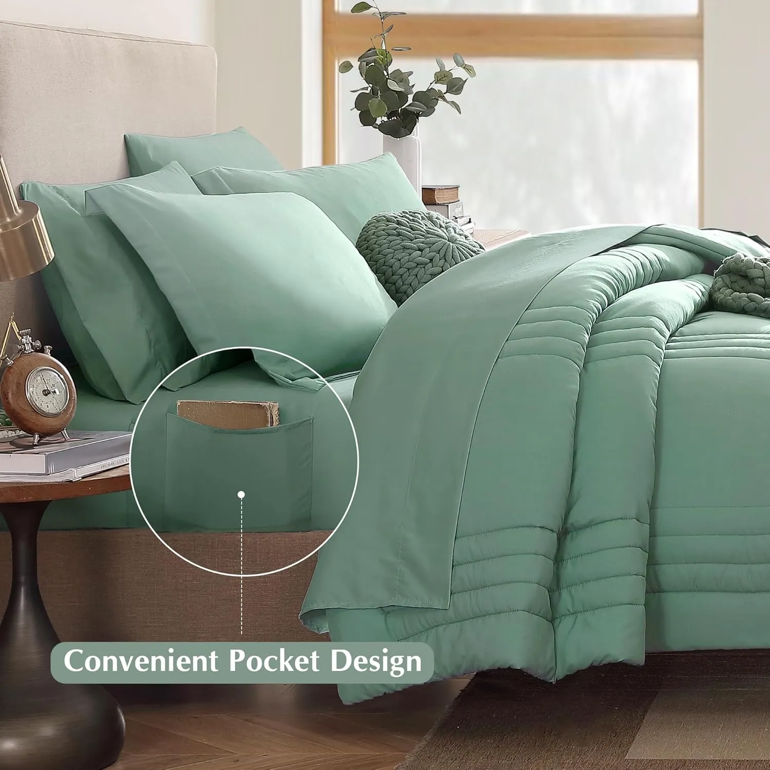 Monbix Queen Comforter Set - 7 Pieces Harbor Green Bed in a Bag Queen Bedding Sets with Comforters, All Seasons Down Alternative Comforter Bed Set with Sheets, Pillowcases & Shams