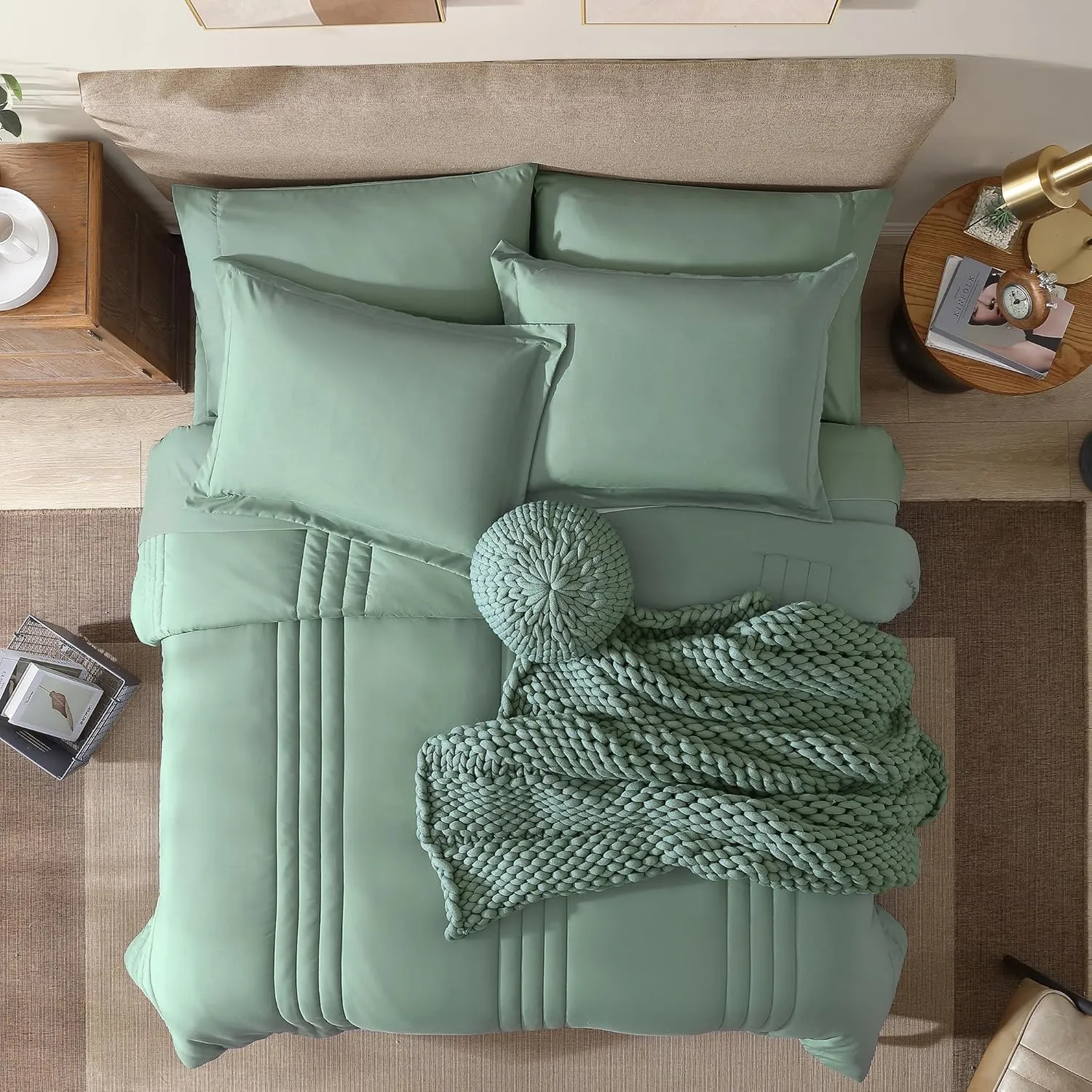 Monbix Queen Comforter Set - 7 Pieces Harbor Green Bed in a Bag Queen Bedding Sets with Comforters, All Seasons Down Alternative Comforter Bed Set with Sheets, Pillowcases & Shams