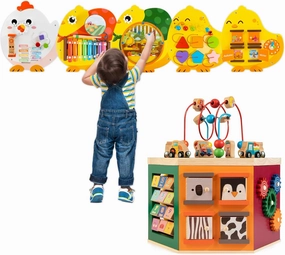 Montessori Wooden Activity Cube & Chick Wall Panel Set - 20 Learning Games for Toddlers