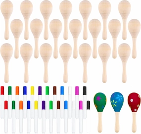 Morcheiong 24Pcs DIY Mini Wooden Maracas for Kids with 24Pcs Multicolor Pens, Fiesta Mexican Maracas Favors, Cinco De Mayo Party Supplies Decorations