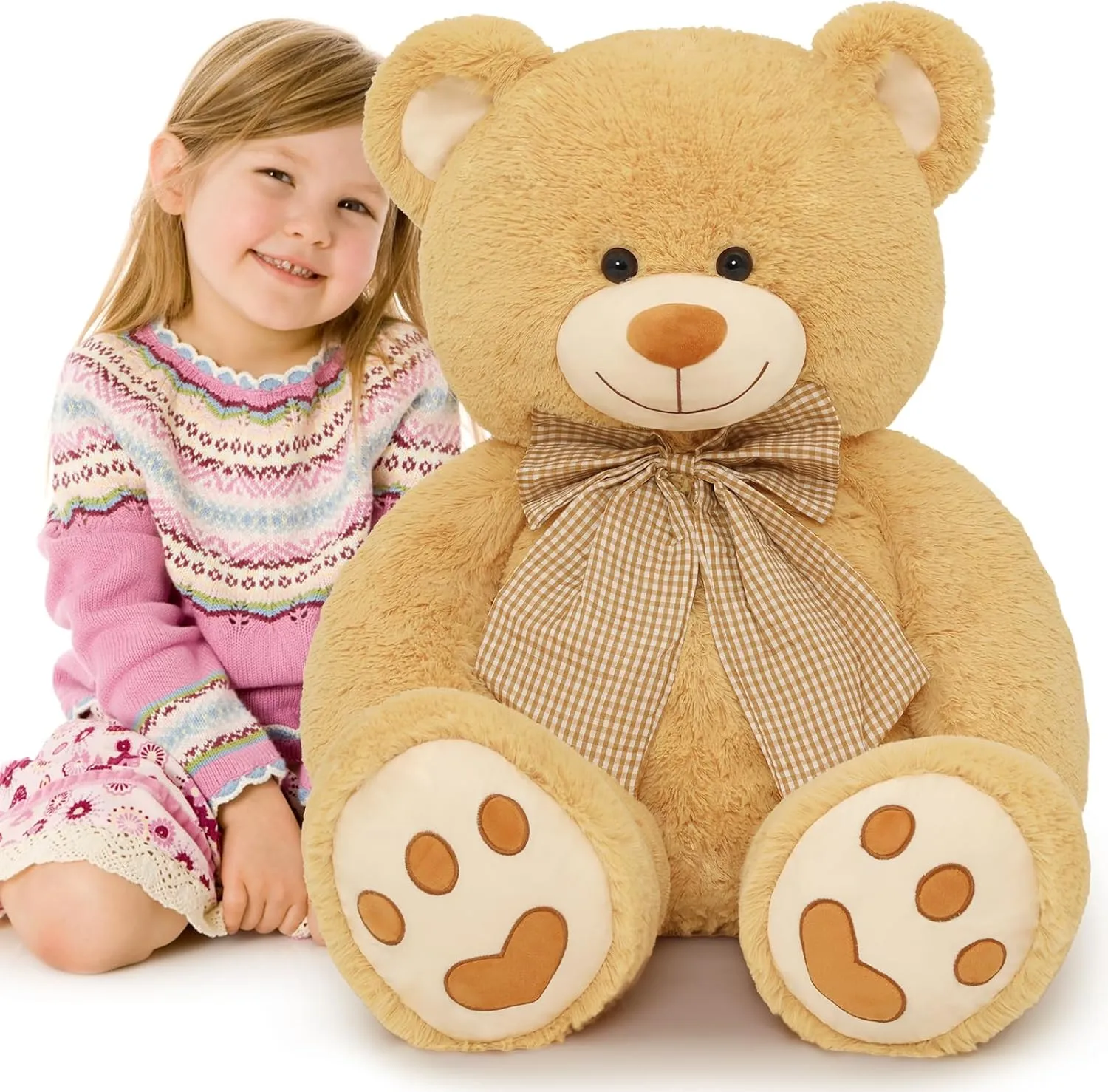 MorisMos Giant Teddy Bear Plush Toy 39“, Brown Big Bow Tie Bear Stuffed Animal, Soft Bear Plush Gifts for Kids, Girlfriend Wife on Birthday, Valentines, Christmas, Baby Shower Decor, Tan