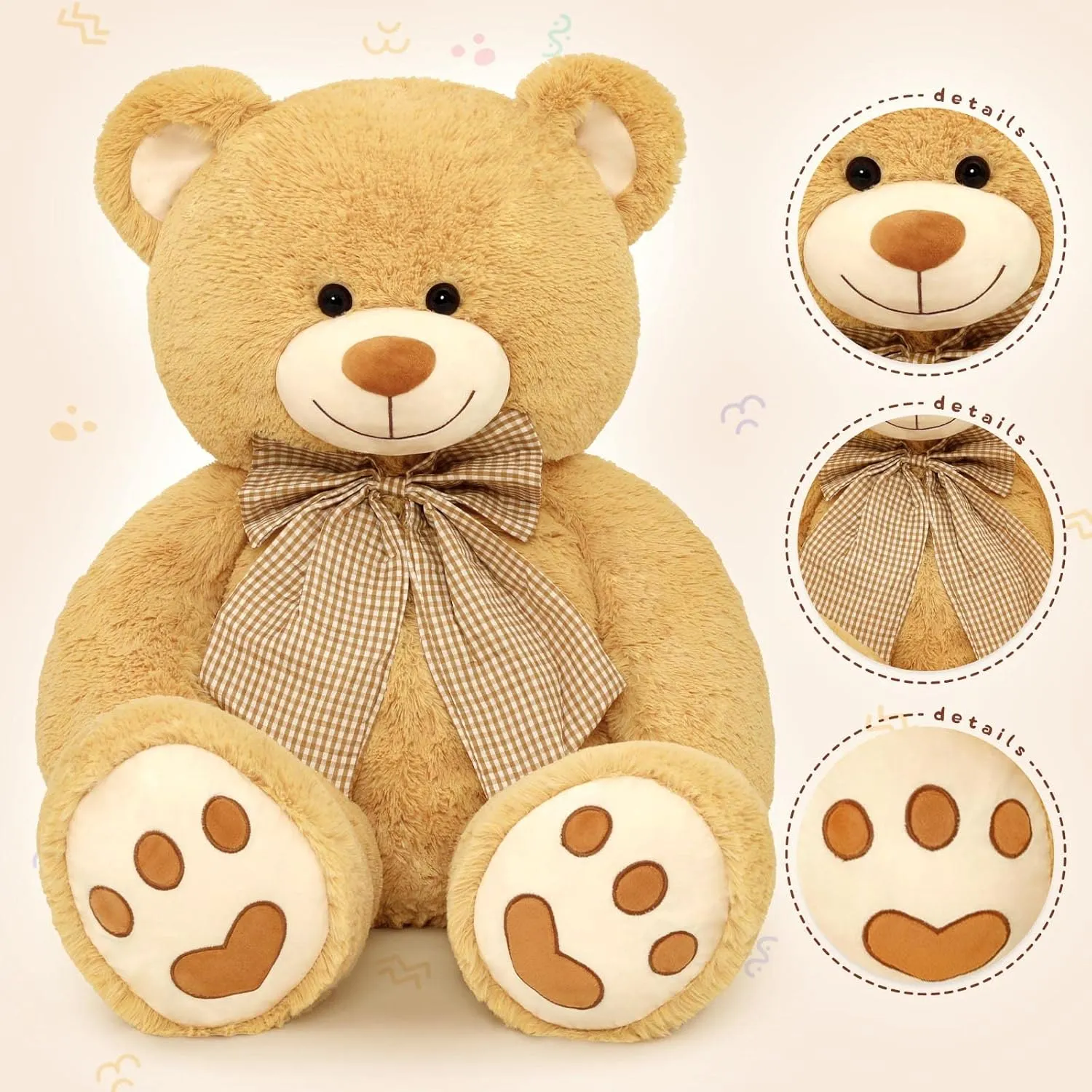 MorisMos Giant Teddy Bear Plush Toy 39“, Brown Big Bow Tie Bear Stuffed Animal, Soft Bear Plush Gifts for Kids, Girlfriend Wife on Birthday, Valentines, Christmas, Baby Shower Decor, Tan