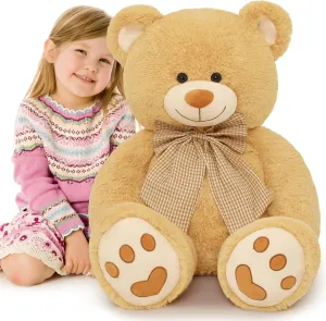MorisMos Giant Teddy Bear Plush Toy 39“, Brown Big Bow Tie Bear Stuffed Animal, Soft Bear Plush Gifts for Kids, Girlfriend Wife on Birthday, Valentines, Christmas, Baby Shower Decor, Tan