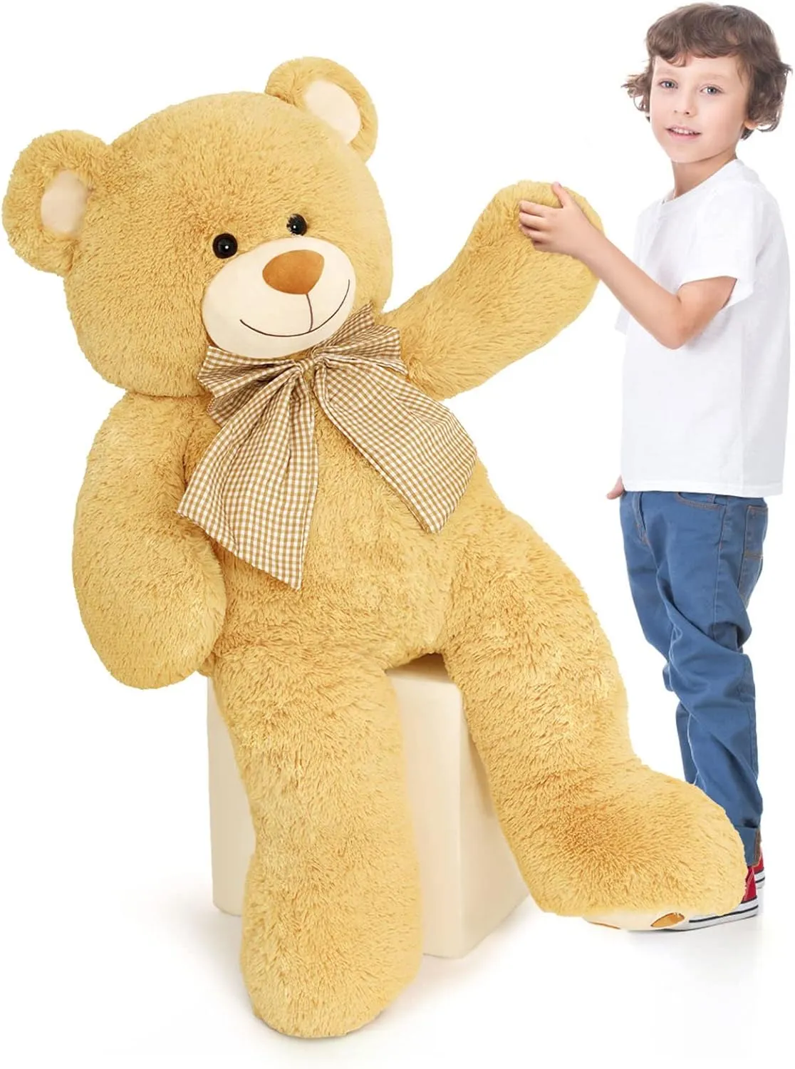 MorisMos Giant Teddy Bear Plush Toy 39“, Brown Big Bow Tie Bear Stuffed Animal, Soft Bear Plush Gifts for Kids, Girlfriend Wife on Birthday, Valentines, Christmas, Baby Shower Decor, Tan