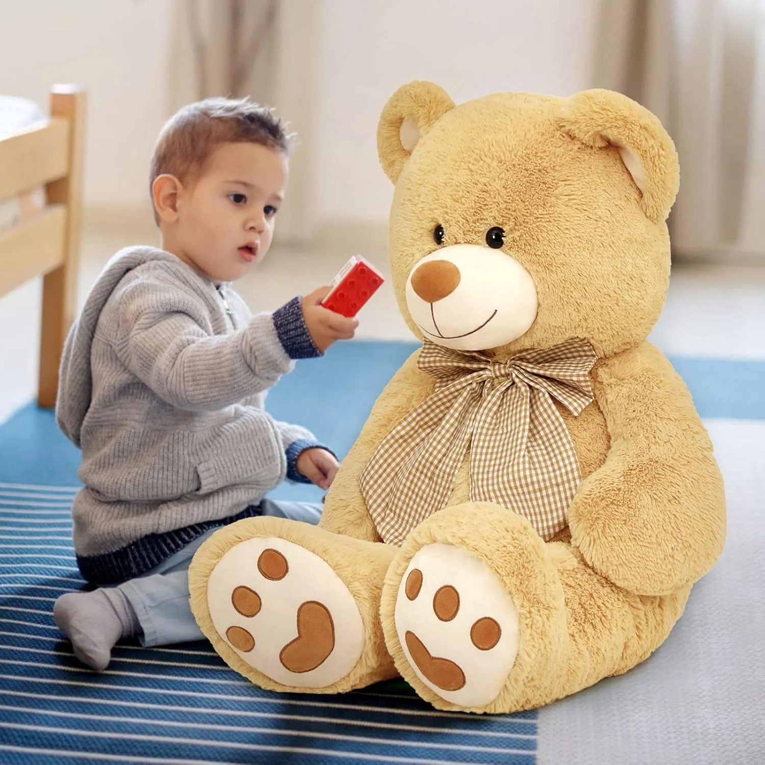 MorisMos Giant Teddy Bear Plush Toy 39“, Brown Big Bow Tie Bear Stuffed Animal, Soft Bear Plush Gifts for Kids, Girlfriend Wife on Birthday, Valentines, Christmas, Baby Shower Decor, Tan