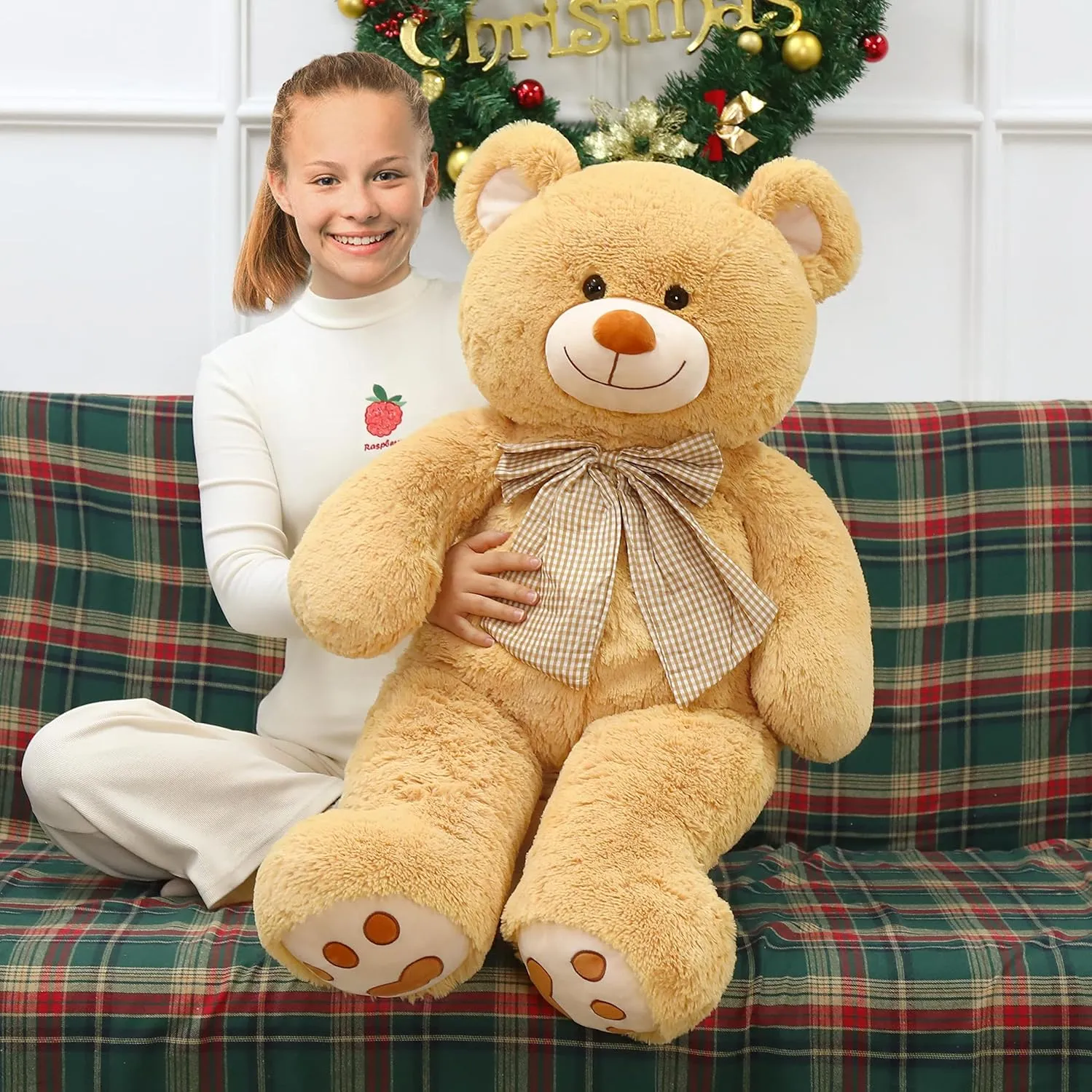 MorisMos Giant Teddy Bear Plush Toy 39“, Brown Big Bow Tie Bear Stuffed Animal, Soft Bear Plush Gifts for Kids, Girlfriend Wife on Birthday, Valentines, Christmas, Baby Shower Decor, Tan