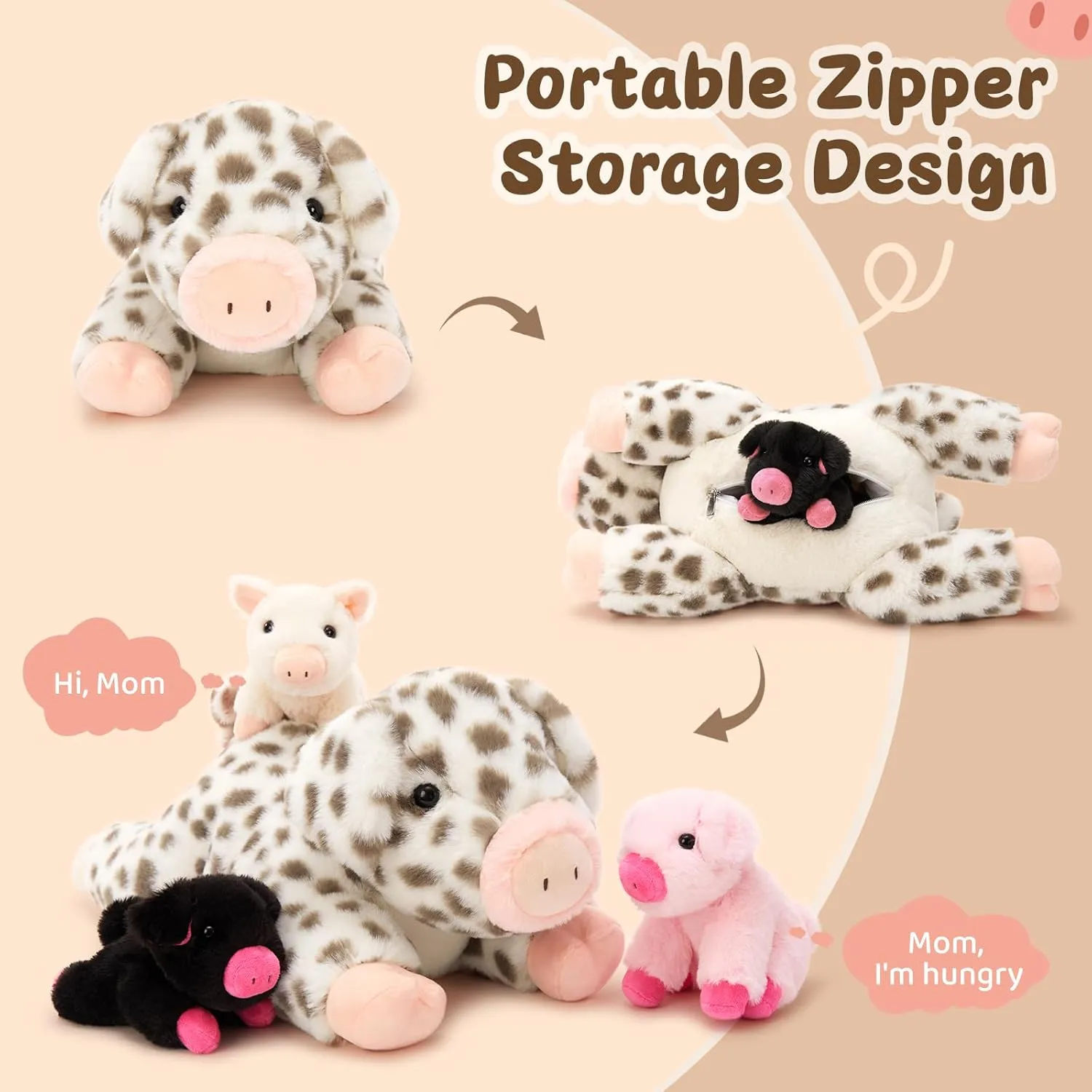 MorisMos Spotted Pig Stuffed Animal Set,20'' Large Mama and 3 Baby Piglet Stuffed Animals for Girl Boy,4 Pack Plush Pig Toys Gifts for Kid,Piglet Lover, Cute Piggy Decor for Birthday Party Christmas