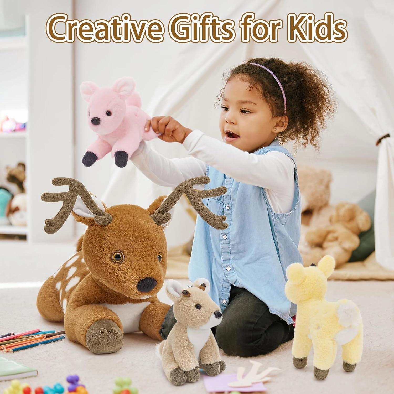 Muiteiur Sika Deer Stuffed Animals Set, 18.9" Brown Baba Deer with 3 Baby Plush Toys, Soft Stuffed Toy with Babies for Kids, Gifts for Birthdays