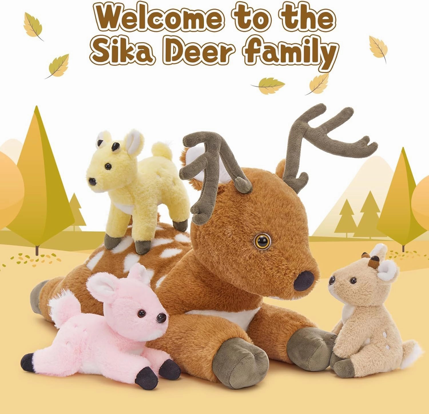 Muiteiur Sika Deer Stuffed Animals Set, 18.9" Brown Baba Deer with 3 Baby Plush Toys, Soft Stuffed Toy with Babies for Kids, Gifts for Birthdays