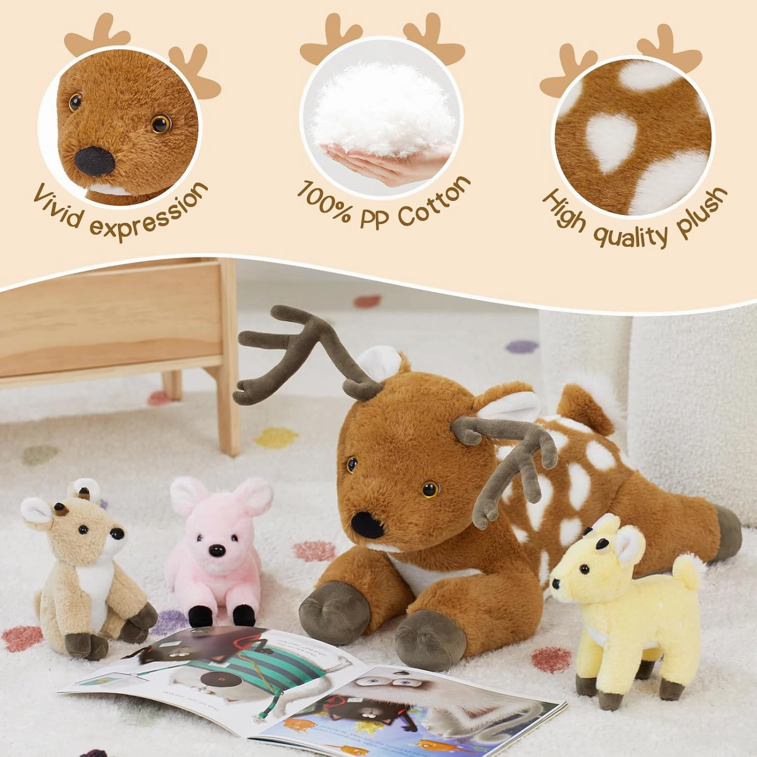 Muiteiur Sika Deer Stuffed Animals Set, 18.9" Brown Baba Deer with 3 Baby Plush Toys, Soft Stuffed Toy with Babies for Kids, Gifts for Birthdays
