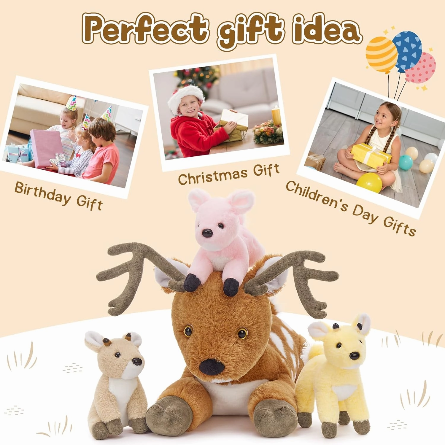 Muiteiur Sika Deer Stuffed Animals Set, 18.9" Brown Baba Deer with 3 Baby Plush Toys, Soft Stuffed Toy with Babies for Kids, Gifts for Birthdays