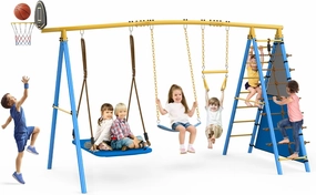Multifunctional Swing Sets for Backyard, 7 in 1 660LB Heavy Duty Outdoor Playset with Climbing Rocks Plat Belt Swing, Basketball Hoop and Trapeze Bar, Playground Swingset Outdoor for Kids, Blue