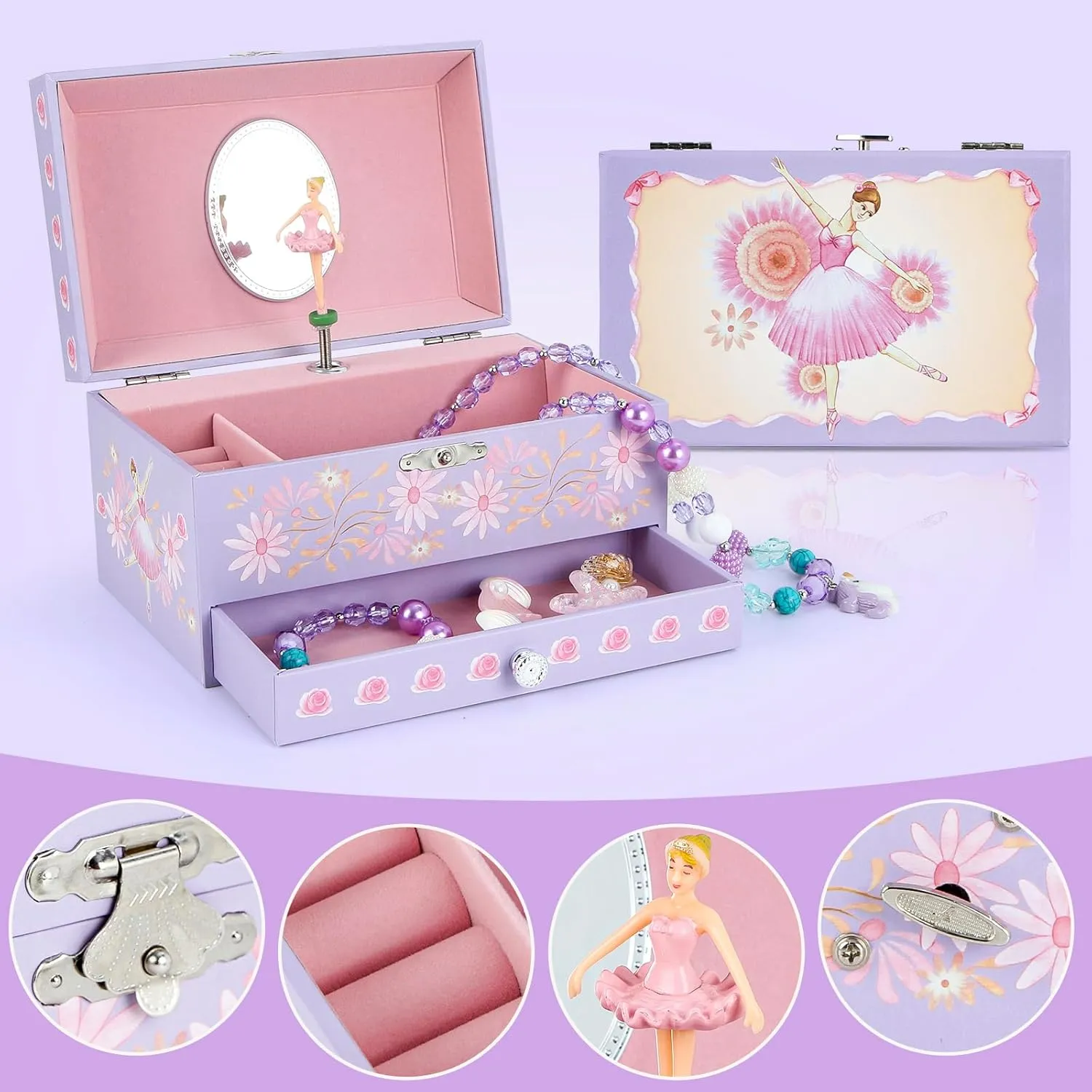 Music Jewellery Box with Drawer Necklace Bracelet, Musical Jewelry Storage Case with Spinning Ballerina Gift Set for Kids Girls Children Daughter (Pink Dancer)