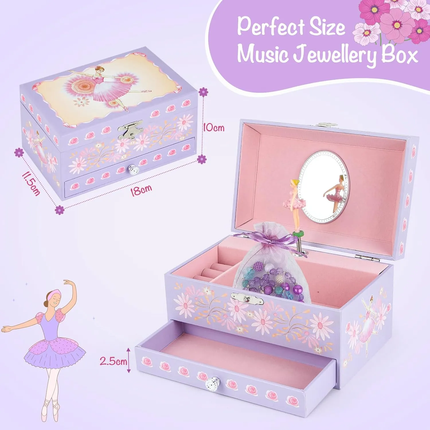 Music Jewellery Box with Drawer Necklace Bracelet, Musical Jewelry Storage Case with Spinning Ballerina Gift Set for Kids Girls Children Daughter (Pink Dancer)