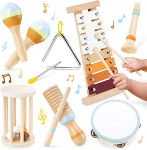 Musical Instruments for Toddlers 1-3 - 7 in 1 Montessori Wooden Percussion Music Toys Set for Kids and Babies
