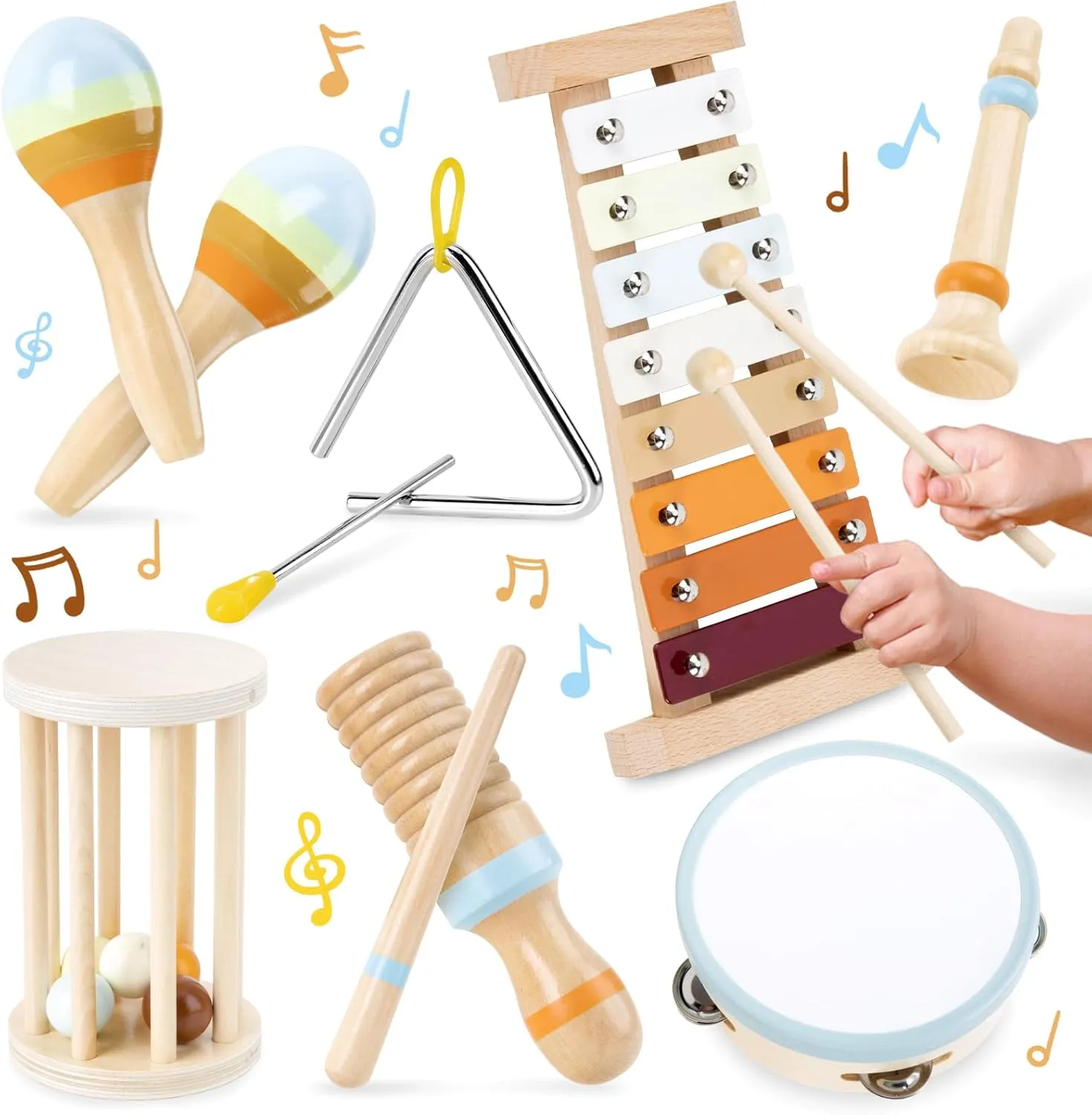 Musical Instruments for Toddlers 1-3 - 7 in 1 Montessori Wooden Percussion Music Toys Set for Kids and Babies