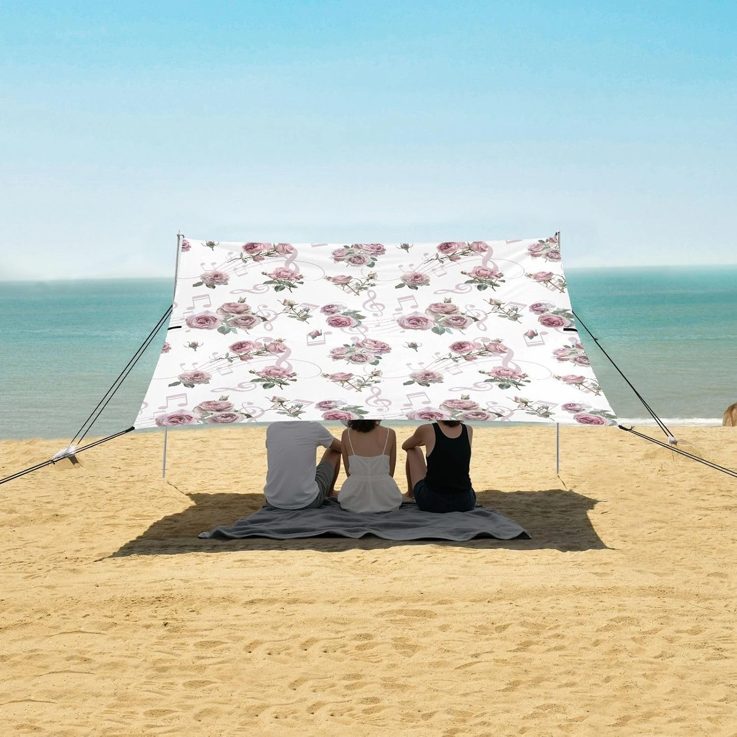 Musical Notes Flower Beach Canopy Tent Anti-UV & Wind Resistant, Camping Sun Shelter Easy Setup Portable,Outdoor Shade Tents with Sandbags,Sand Shovels,Ground Pegs & Stability Poles