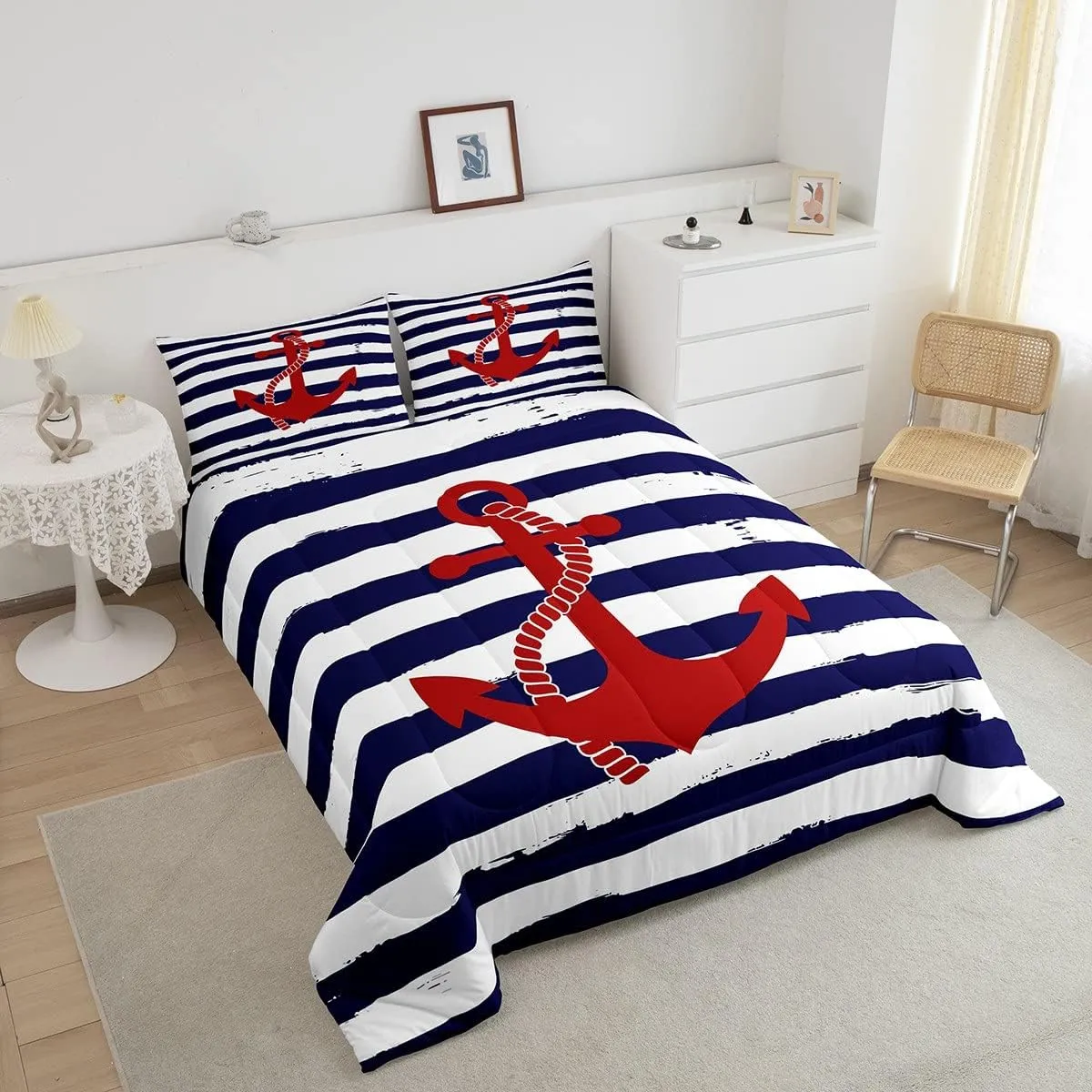 Nautical Anchor Comforter Set Queen,Geometric Stripes Duvet Insert Ocean Adventure Theme Quilted Duvet Set Navy Blue and Red Bedding Set 3pcs for Kids Girls Teens Boys Room Decor with 2 Pillowcases