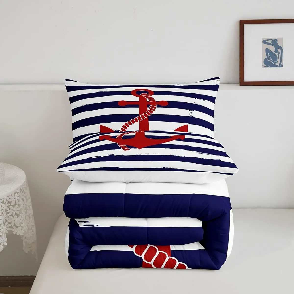 Nautical Anchor Comforter Set Queen,Geometric Stripes Duvet Insert Ocean Adventure Theme Quilted Duvet Set Navy Blue and Red Bedding Set 3pcs for Kids Girls Teens Boys Room Decor with 2 Pillowcases