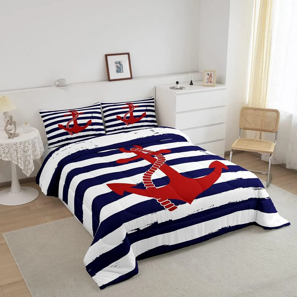Nautical Anchor Comforter Set Queen,Geometric Stripes Duvet Insert Ocean Adventure Theme Quilted Duvet Set Navy Blue and Red Bedding Set 3pcs for Kids Girls Teens Boys Room Decor with 2 Pillowcases