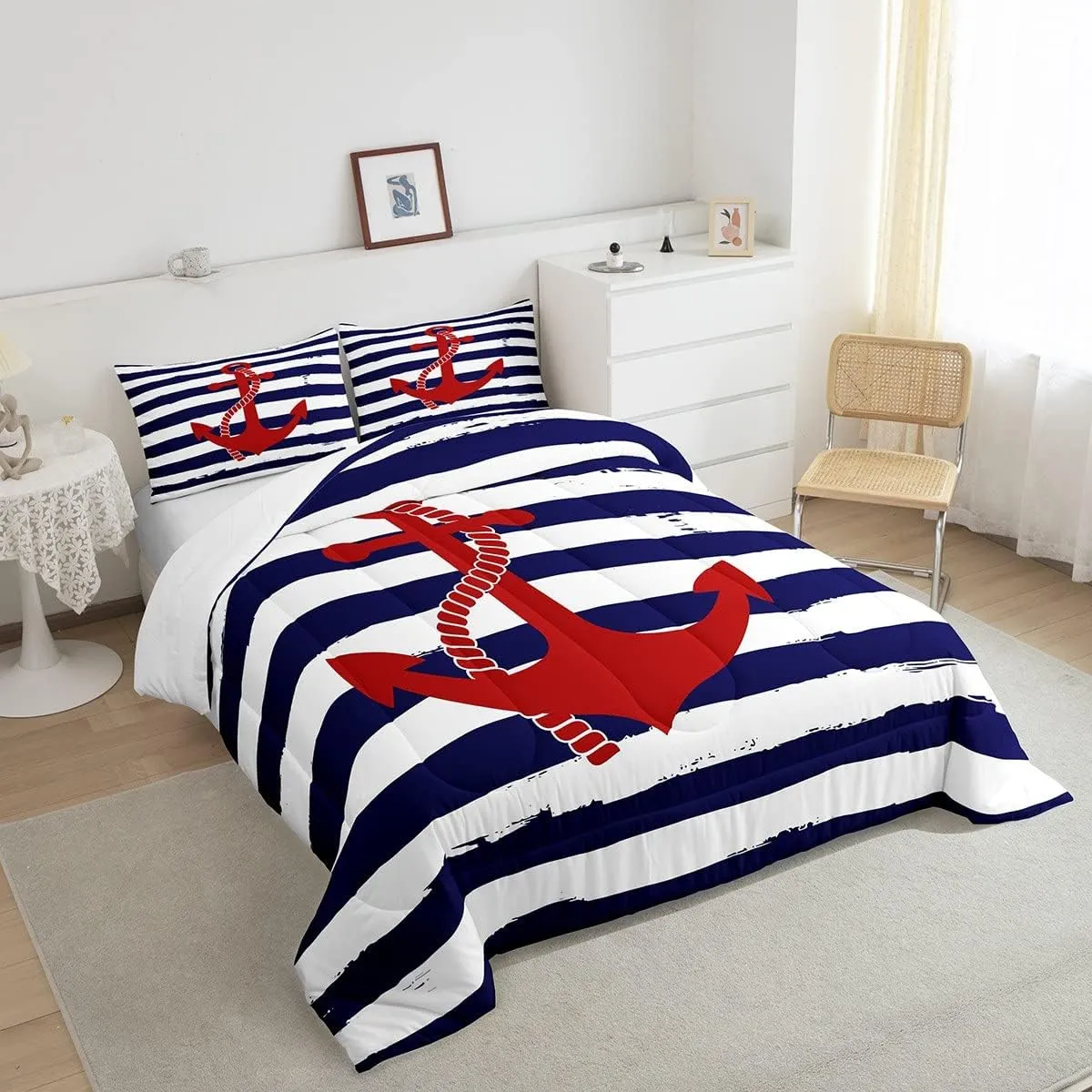 Nautical Anchor Comforter Set Queen,Geometric Stripes Duvet Insert Ocean Adventure Theme Quilted Duvet Set Navy Blue and Red Bedding Set 3pcs for Kids Girls Teens Boys Room Decor with 2 Pillowcases