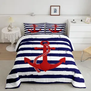 Nautical Anchor Comforter Set Queen,Geometric Stripes Duvet Insert Ocean Adventure Theme Quilted Duvet Set Navy Blue and Red Bedding Set 3pcs for Kids Girls Teens Boys Room Decor with 2 Pillowcases
