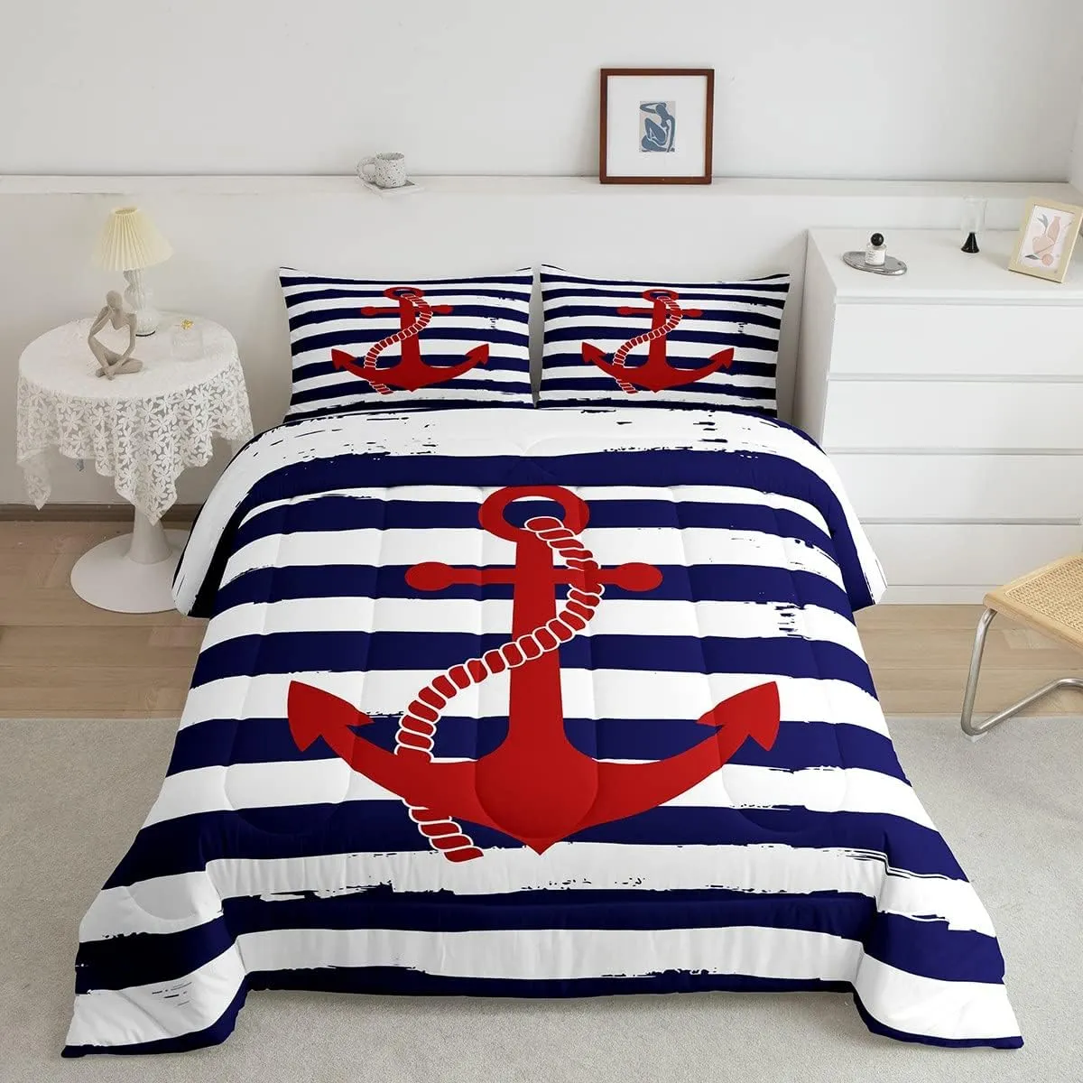 Nautical Anchor Comforter Set Queen,Geometric Stripes Duvet Insert Ocean Adventure Theme Quilted Duvet Set Navy Blue and Red Bedding Set 3pcs for Kids Girls Teens Boys Room Decor with 2 Pillowcases