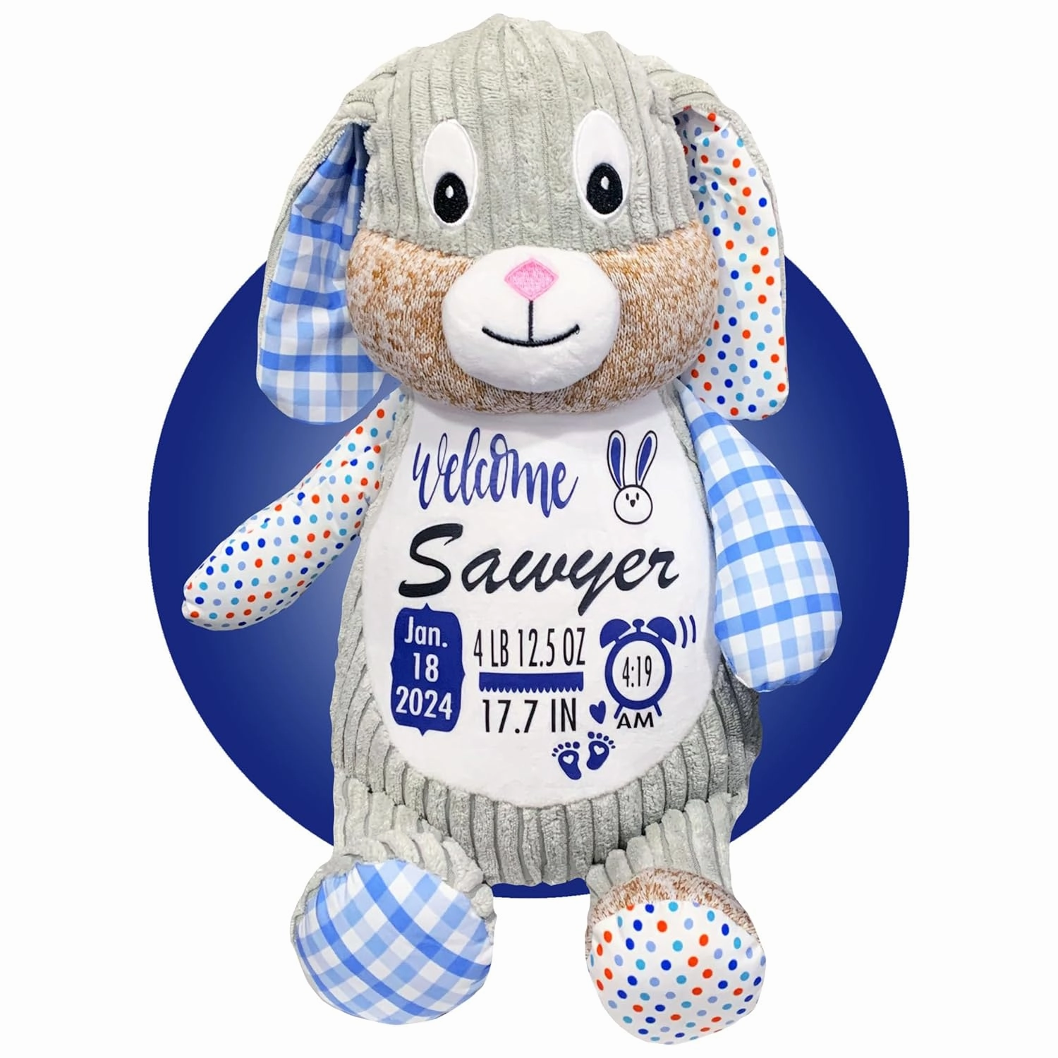 Newborn Stuffed Animal - Personalized Baby Boy Gifts - Baby Name Sign - Baby Announcement Sign - Baby Personalized Gifts - Personalized Baby Blanket Set - (Bunny Blue (Sensory))