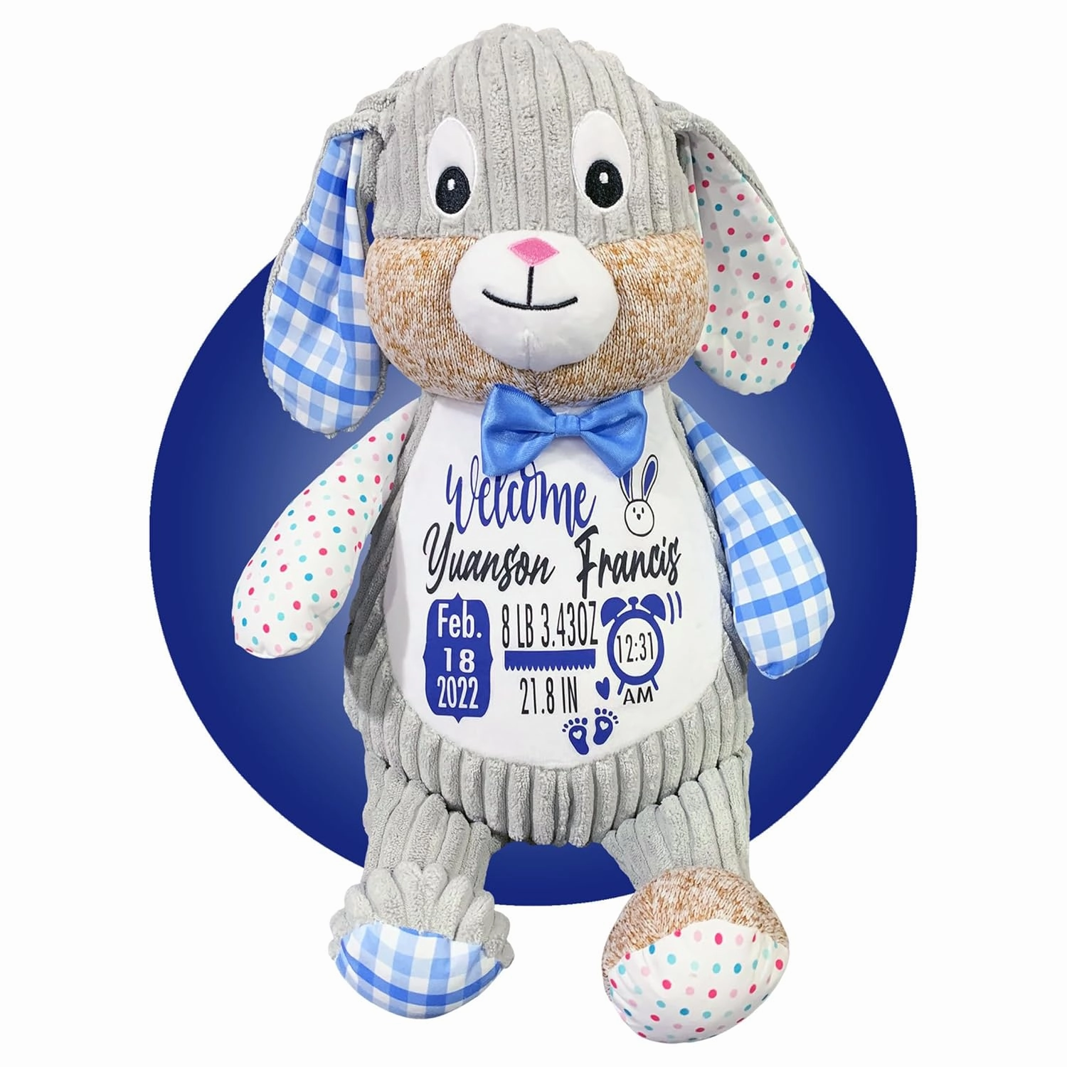 Newborn Stuffed Animal - Personalized Baby Boy Gifts - Baby Name Sign - Baby Announcement Sign - Baby Personalized Gifts - Personalized Baby Blanket Set - (Bunny Blue (Sensory))