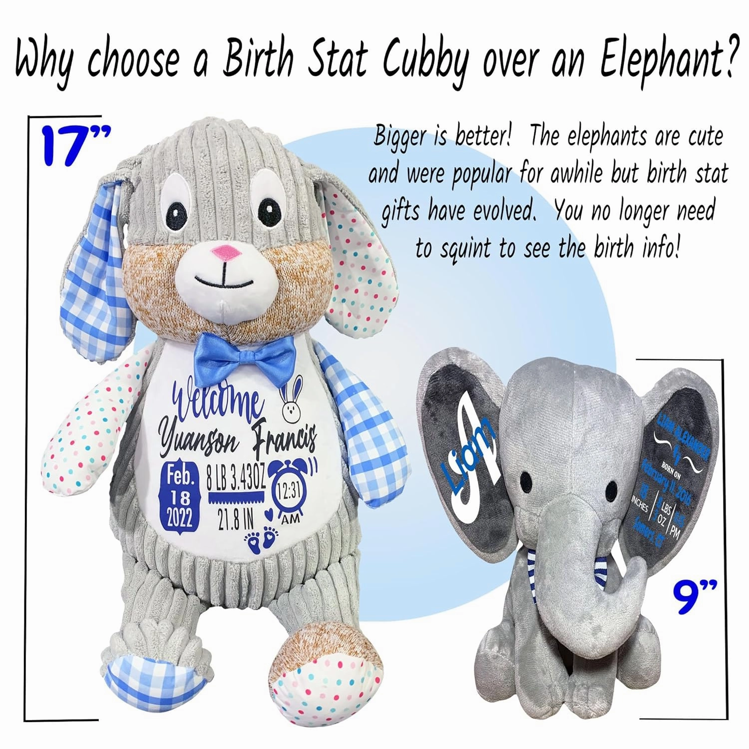 Newborn Stuffed Animal - Personalized Baby Boy Gifts - Baby Name Sign - Baby Announcement Sign - Baby Personalized Gifts - Personalized Baby Blanket Set - (Bunny Blue (Sensory))