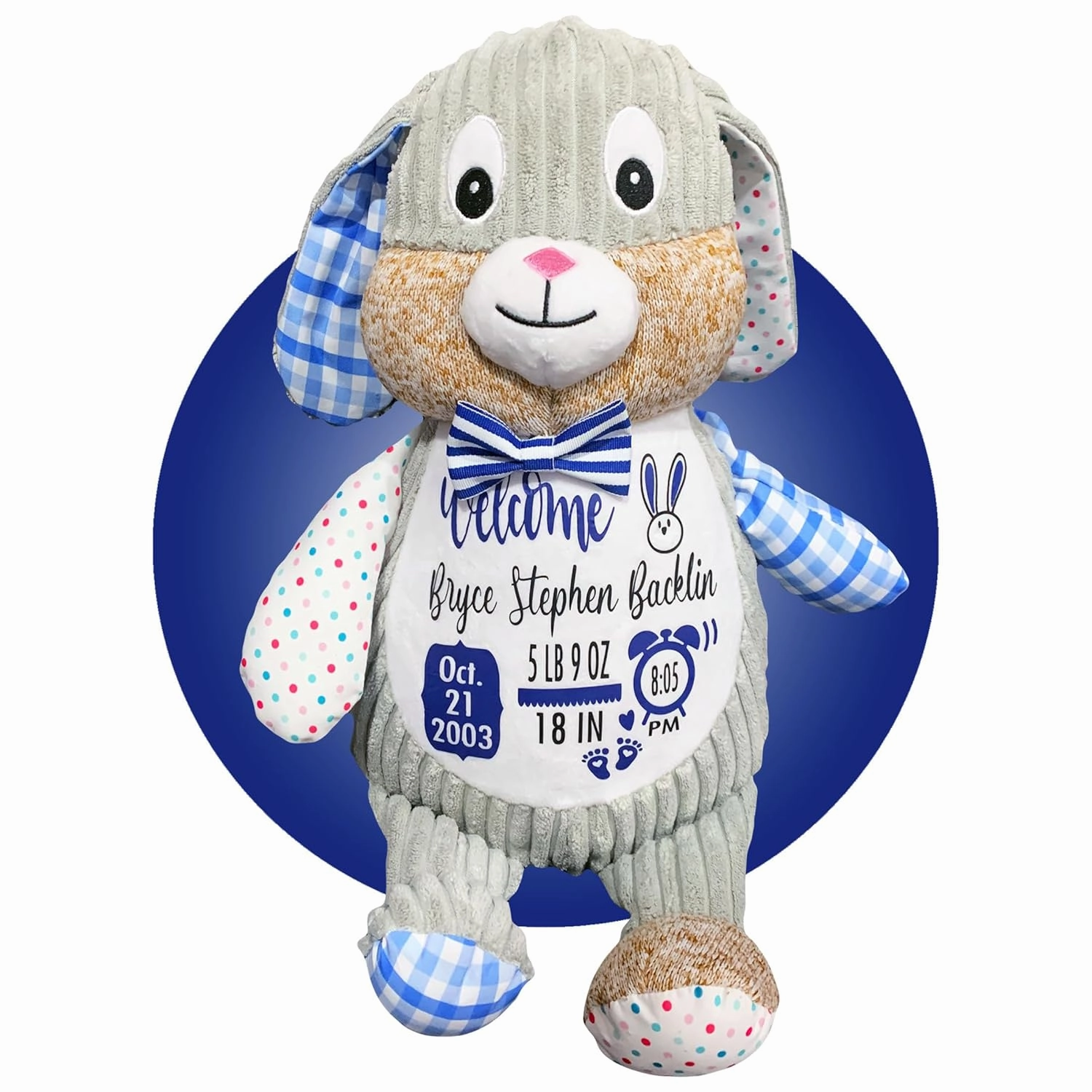 Newborn Stuffed Animal - Personalized Baby Boy Gifts - Baby Name Sign - Baby Announcement Sign - Baby Personalized Gifts - Personalized Baby Blanket Set - (Bunny Blue (Sensory))